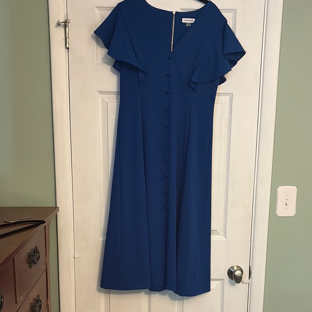Calvin Klein Blue Flutter Sleeve Midi Dress